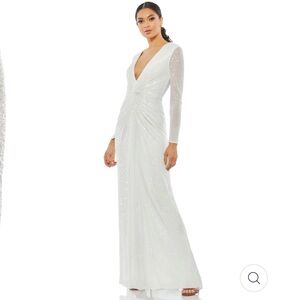 Ieena for MacDuggal White Sequin Long Sleeve Gown - V Neck Twist Maxi Dress